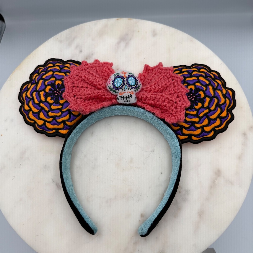 Mouse Ear Headband Womens Orange Pink Dia de los Muertos Festive
